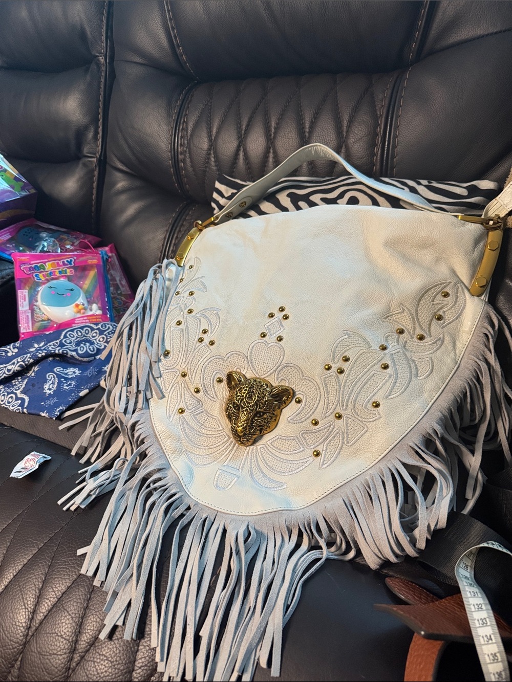 Fringed White Shoulder Bag with Gold Embellishment
